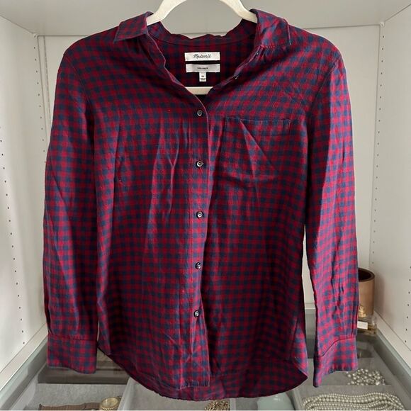 Madewell Gingham Red and Navy Plaid Fall Flannel Button Up Shirt Size XS Western - Picture 5 of 5